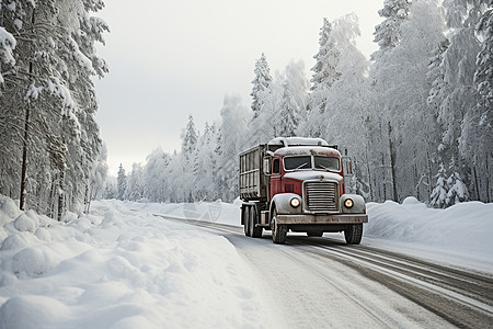 白雪丛林中的运输卡车图片