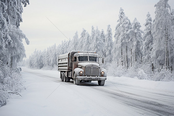冬季丛林中行驶的卡车图片