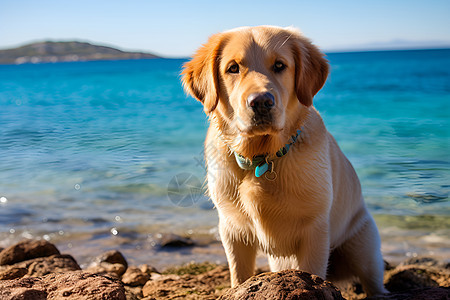狗狗在海边岩石上图片