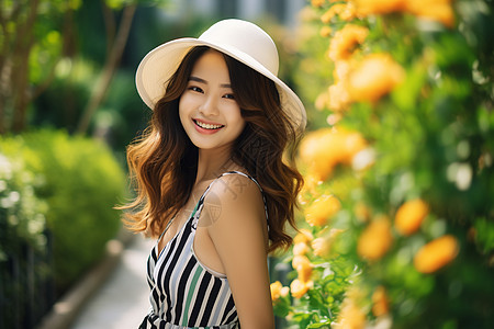 花园里笑容灿烂的亚洲美女图片