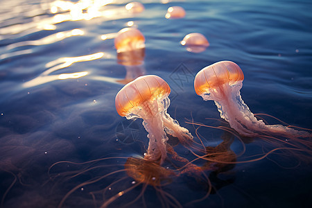 海洋日出时漂浮的一群水母图片