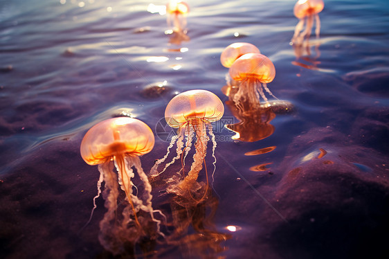 日出海洋中的水母群图片