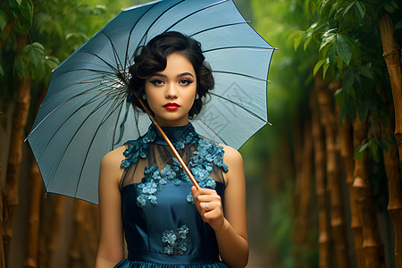 蓝裙女子在竹林图片