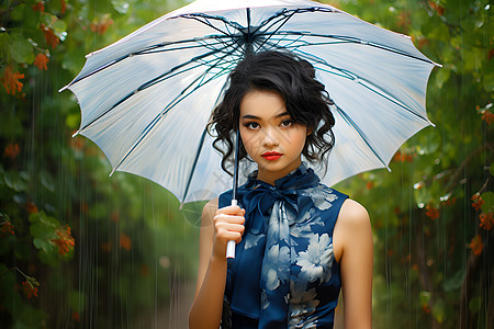 雨伞放置蔷薇雨中的女子背景