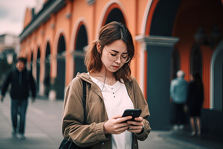 女子走路时使用手机图片