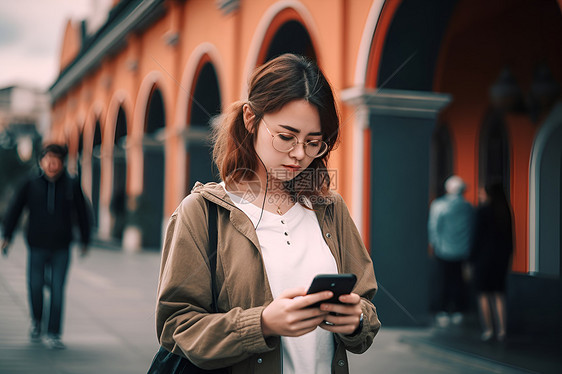 女子走路时使用手机图片