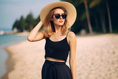 夏日海滩上的时尚旅行者背景图片