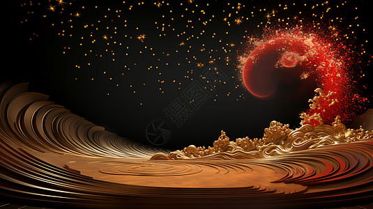 红黑色背景太空之美红波与金星点缀（插画