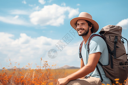 微笑天空一位男子背着背包背景