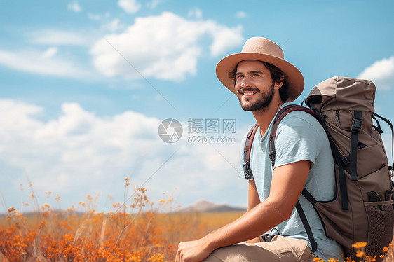 一位男子背着背包图片