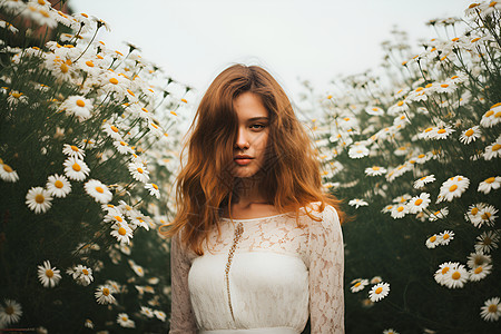 白雏菊旁的女子图片