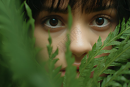 女子藏在植物后图片