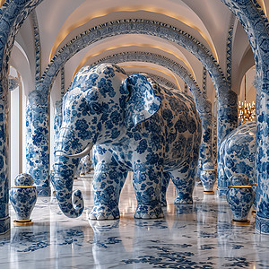 蓝白色的大象雕塑图片