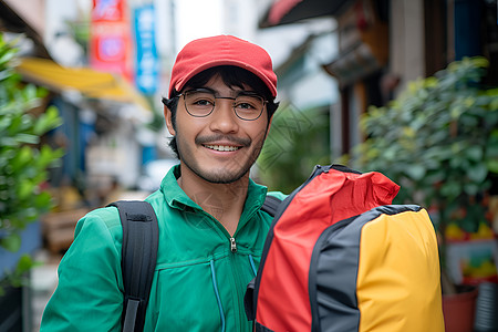 男士背带素材红帽男子扛着包背景