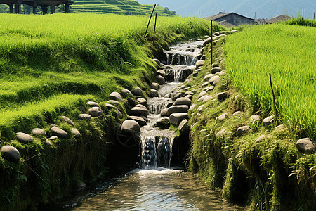 溪水缓缓流过草地背景图片