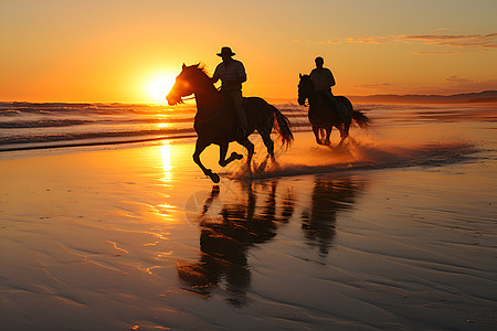 日出海滩上骑马的人图片