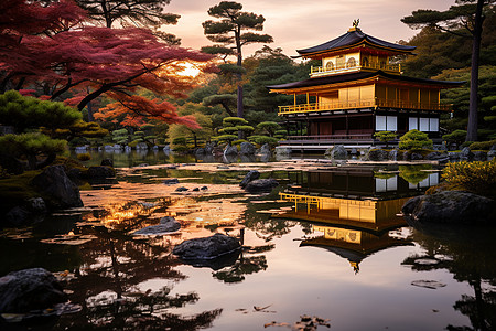 京都寺庙夜幕下的金阁寺背景