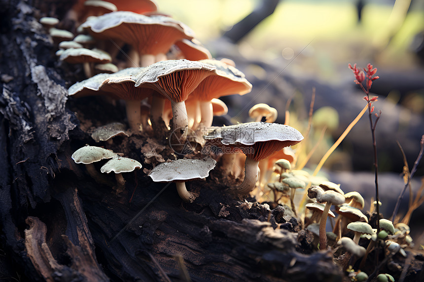 木头上生长的蘑菇图片
