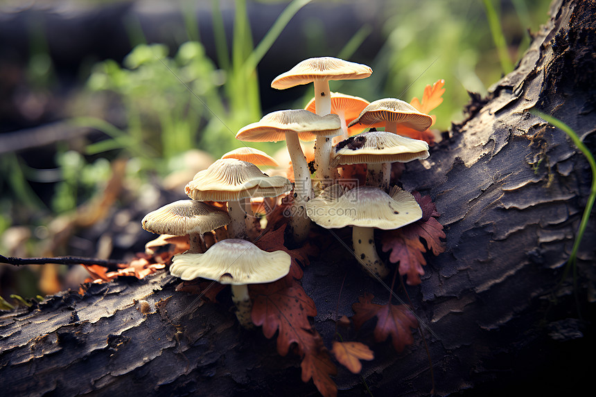 森林树木上的蘑菇图片