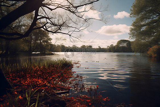 树木旁的美丽湖泊图片