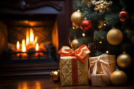 壁炉前的礼物和圣诞树背景图片