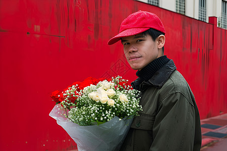 户外拿着鲜花的男士图片