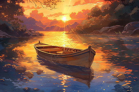 夕阳下的一艘船图片