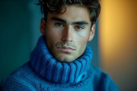 蓝色高领毛衣的男人图片