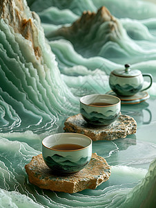 水墨山水与咖啡杯背景图片