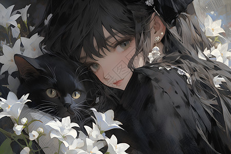 黑衣女子怀抱猫图片