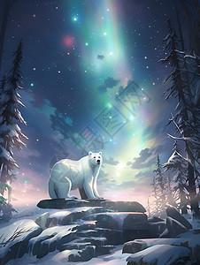 冬夜极光下的北极熊图片