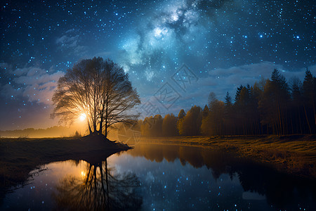 星空下的孤树图片