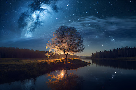 夜幕下的丛林湖泊景观图片