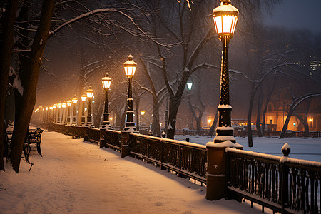 夜晚的雪地小径图片