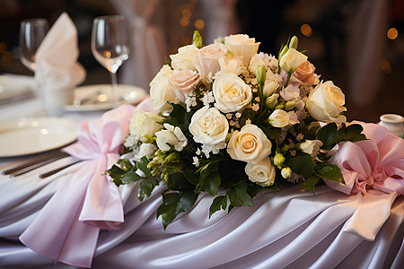 精美婚礼鲜花鲜花装饰的婚礼宴会背景