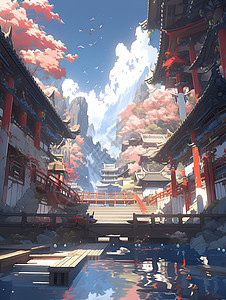 中国风的山间古建筑艺术插图背景图片