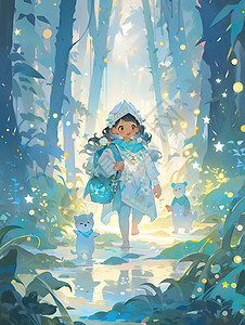 梦幻丛林中的童话少女卡通插图背景图片