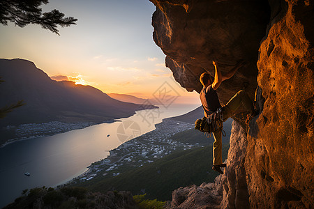 高山夕阳攀岩者征服高山背景