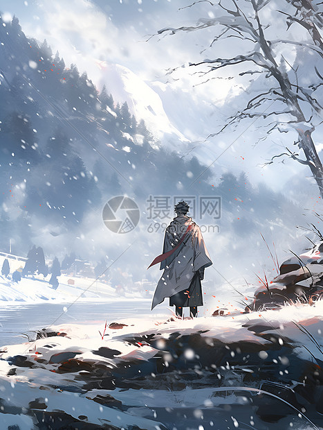 冬日男子站在雪山上图片