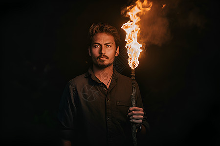 赖艺帅气写真黑色衬衫的男子举着火炬背景