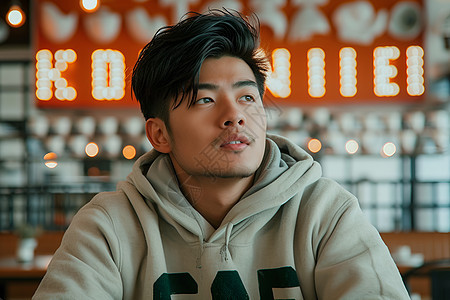 咖啡厅里沉思的年轻亚洲男子背景图片