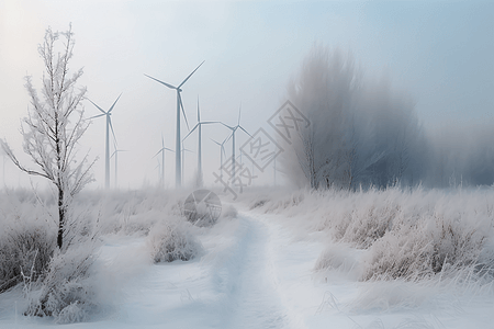 旅行路上的风景白雪覆盖的风电场插画