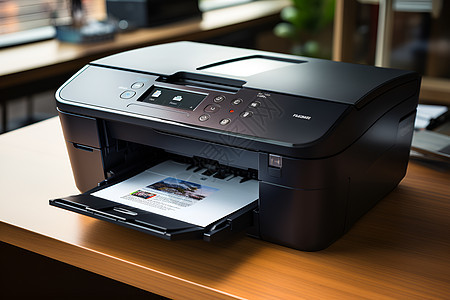 木桌上放置的打印机图片