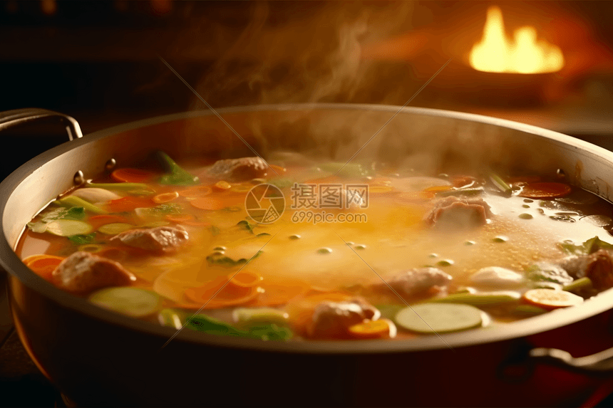 一锅冒泡的火锅肉汤图片