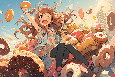 少女坐在甜甜圈中间背景图片