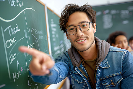 戴眼镜的男人用手指着黑板图片