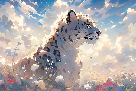 蓝天下的雪豹背景图片