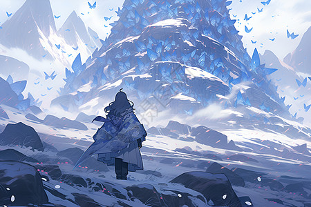女孩站在雪山下图片