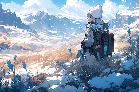 积雪草原里行走的女孩背景图片