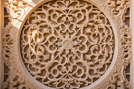 一座装饰性圆形花窗印度清真寺墙壁上的花窗设计图片